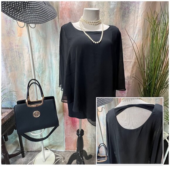 AGB πFigure- Friendly Black Chiffon Drape Overlay Top Keyhole Backside - Picture 1 of 14